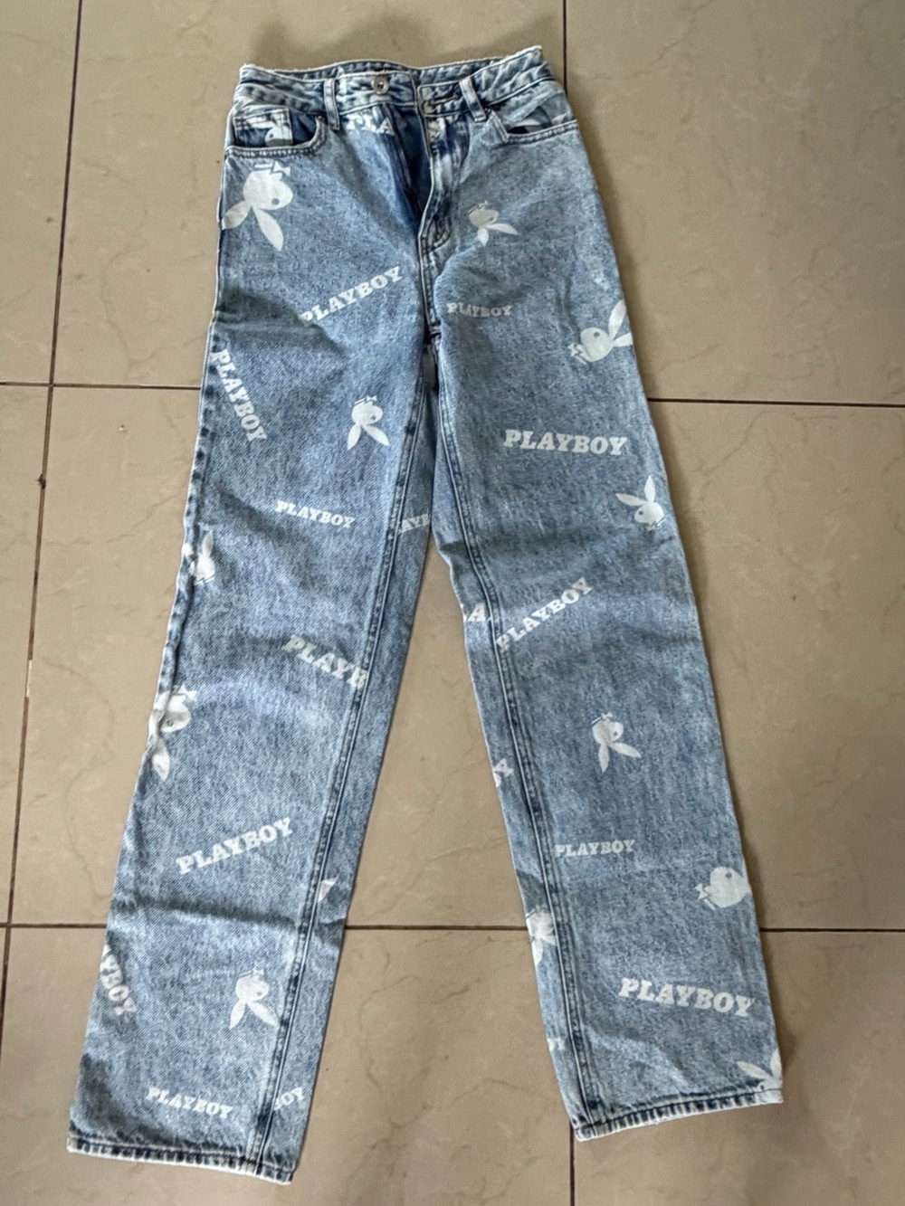 PLAYBOY Light Blue All-Over Logo Straight Jeans